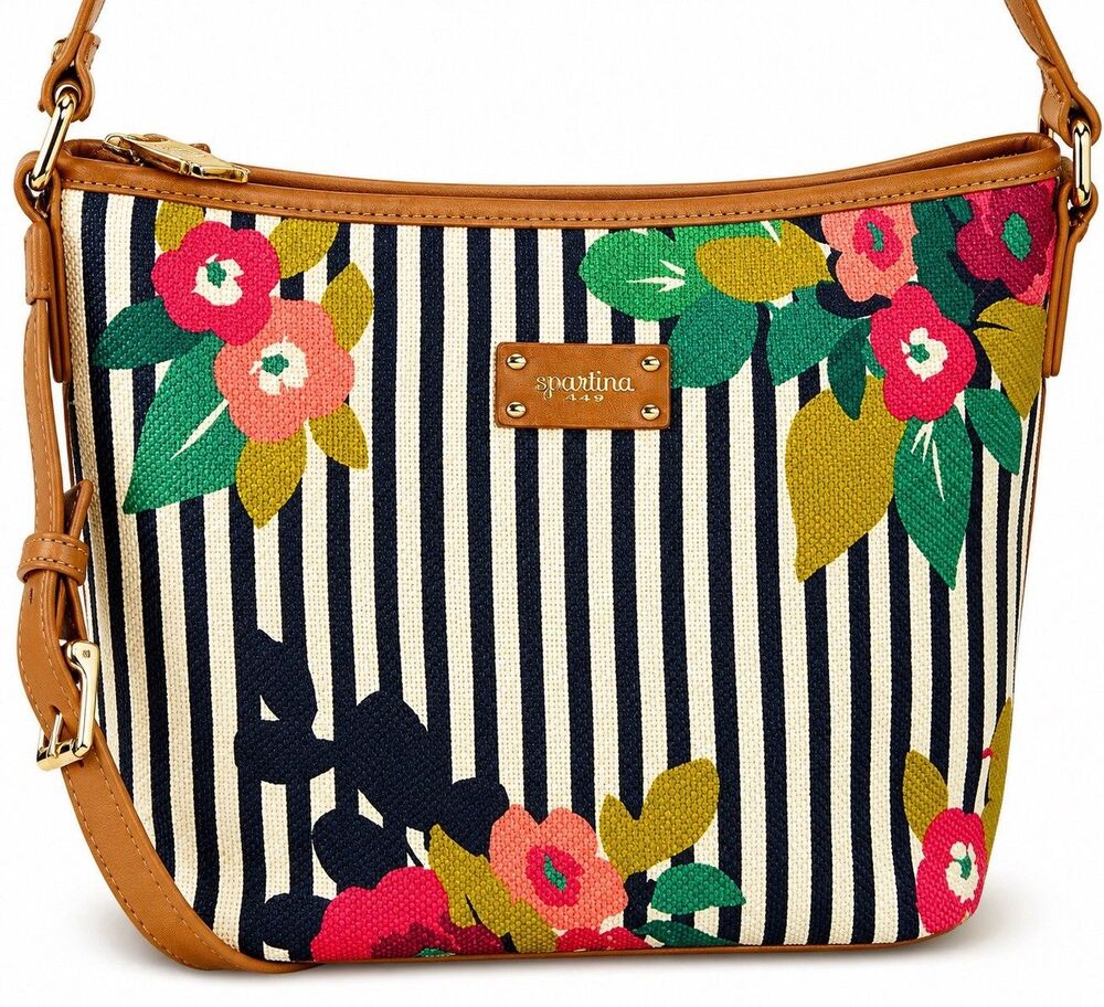 Spartina 449 Floral Stripe Canvas Linen Leather Shoulder Bag Duffel Island Purse